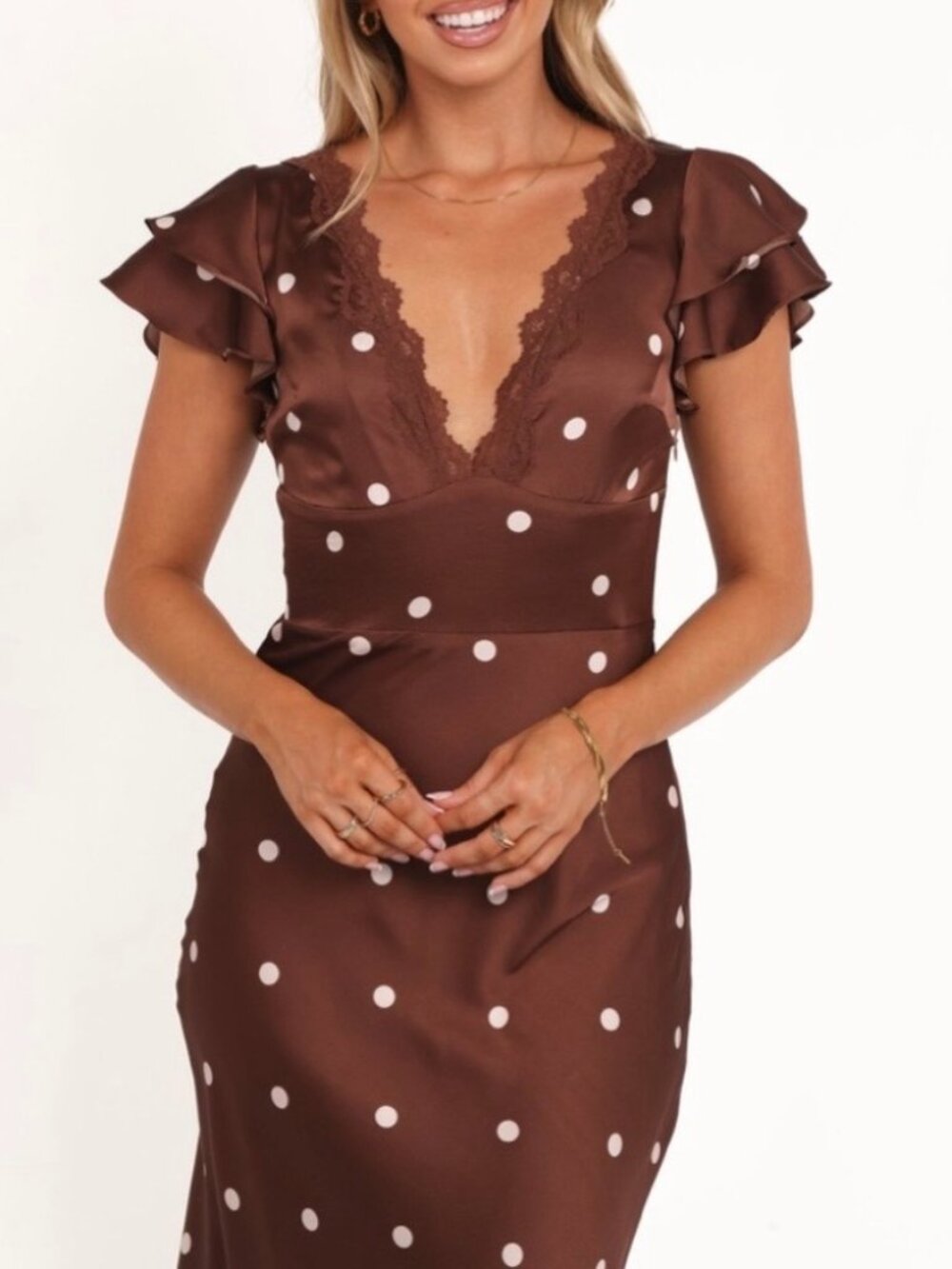 Petal and Pup Arella Maxi Dress Size 6 Brown Polka Dot Lace Trim Satin Romantic - Picture 2 of 14